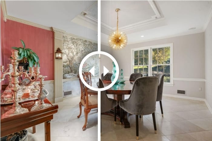 Transition photo showing a dining room before and after professional staging; the 