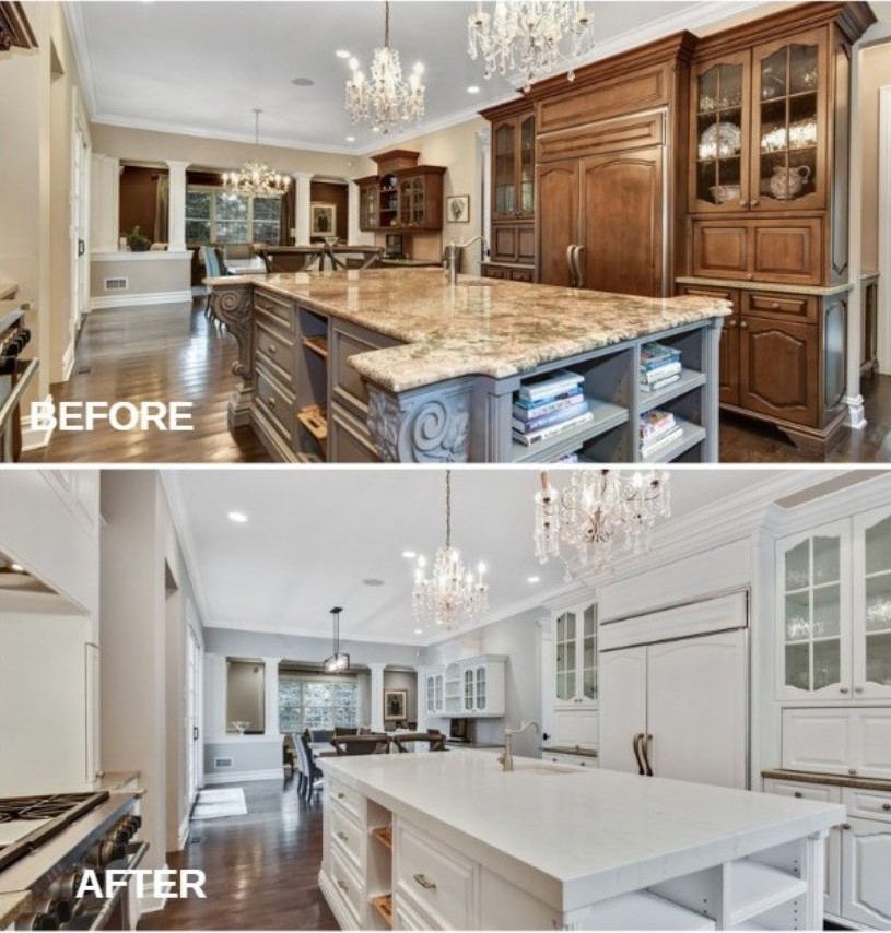 Before and after images of a kitchen renovation showcasing a modern transformation. The 