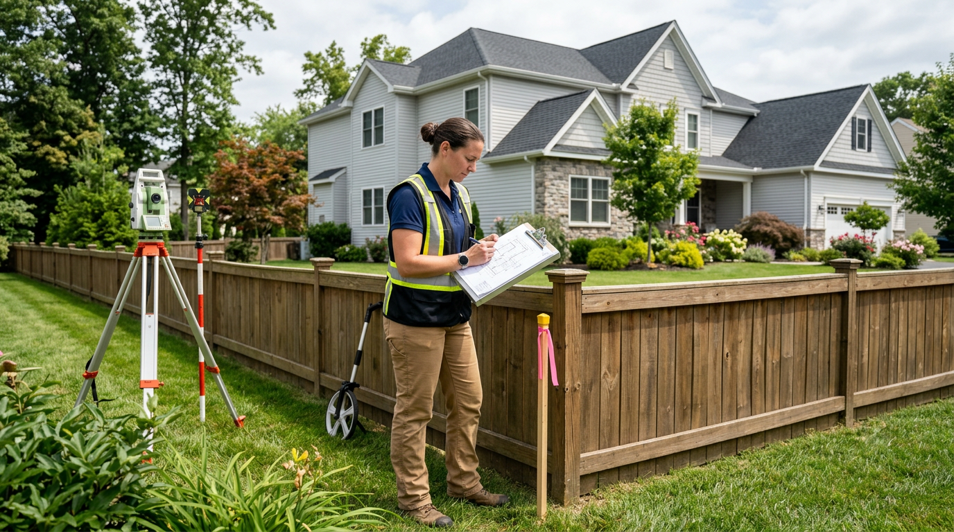 Property surveyor reviewing boundary lines beside a residential fence and suburban home.