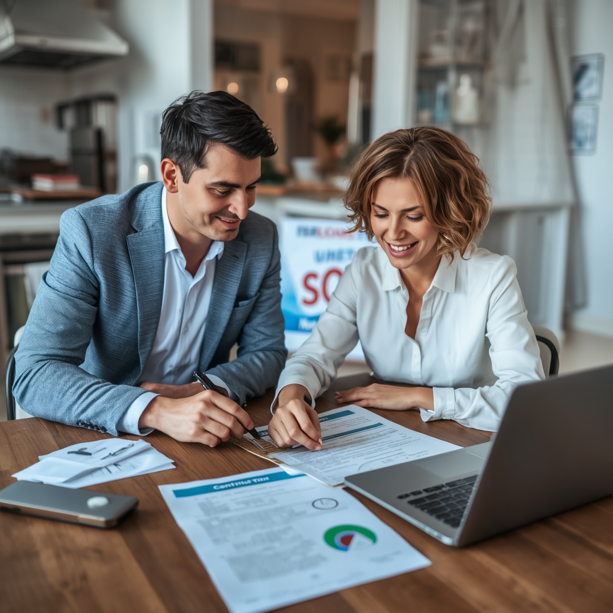 A buyer and a real estate agent sit at a kitchen table reviewing a contract together, home inspection report, and a “Sold” sign in the background, illustrating partnership and careful planning in a smart home purchase.