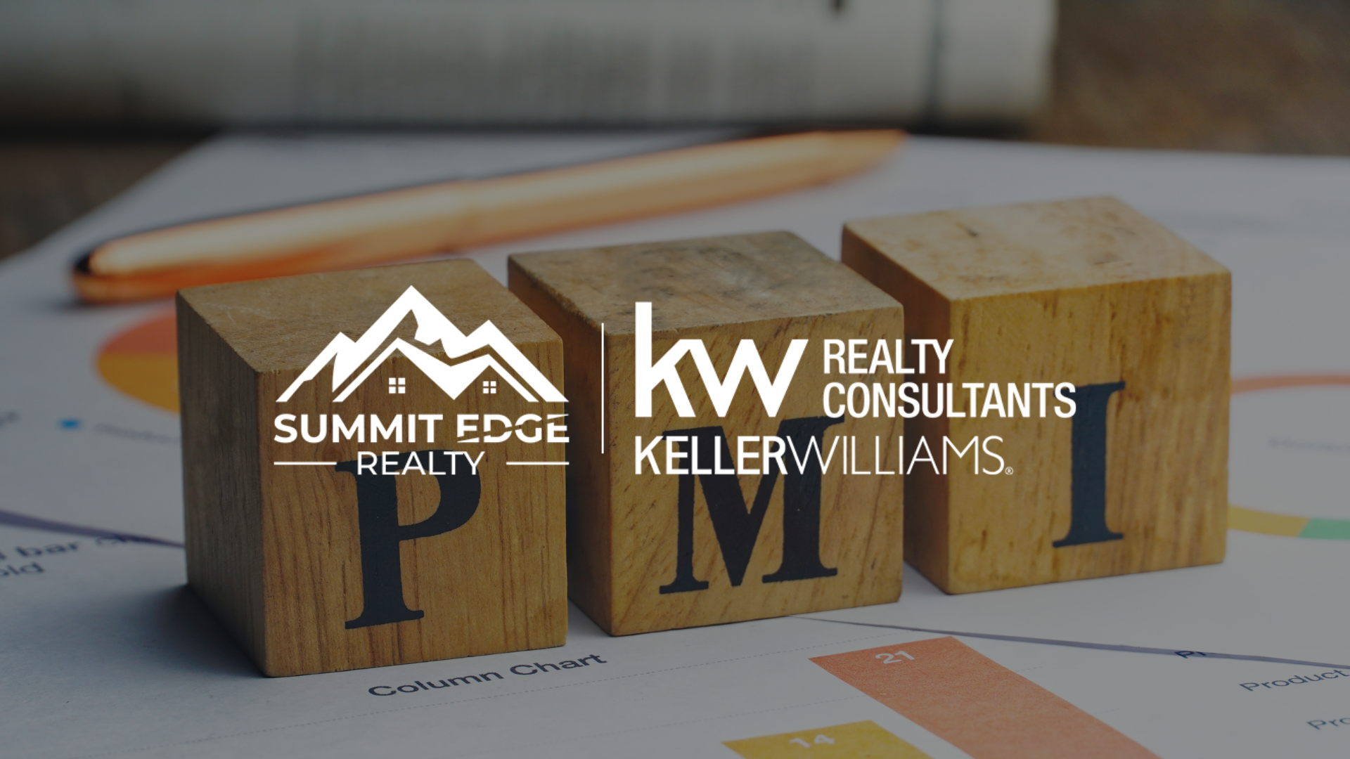 Summit Edge Realty and Keller Williams Realty Consultants logos displayed on wooden blocks spelling 'PMI,' accompanied by a financial chart, illustrating key details about mortgage insurance for homebuyers.