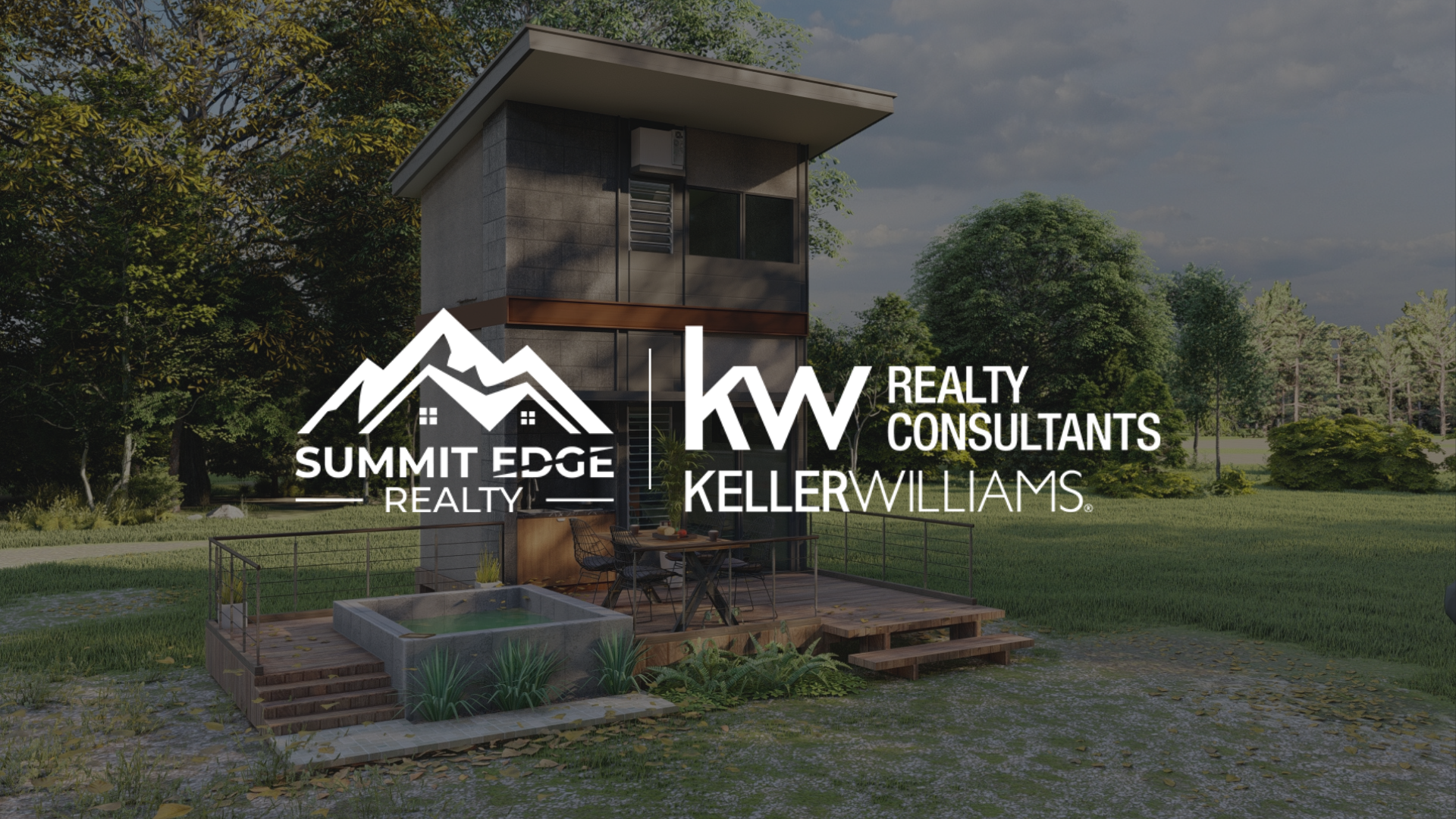 A modern tiny home in Louisville, Kentucky, with a black metal exterior, a sloped green roof, and large glass windows, featuring a small deck with a table and chairs, set on a grassy lot with city skyline in the distance, overlaid with the Summit Edge Realty and KW Realty Consultants Keller Williams logo in white text.