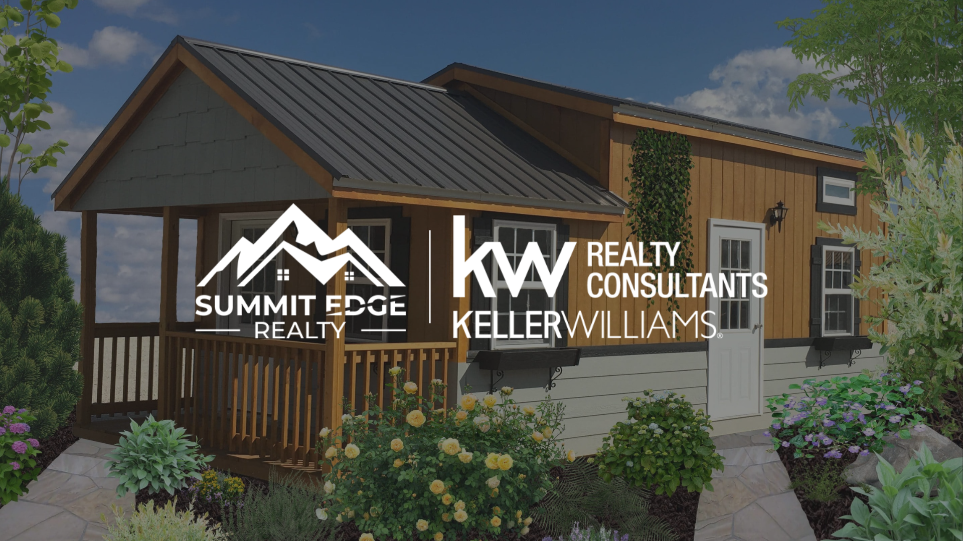 A rustic tiny home in Harrison County, Indiana, with a brown wooden exterior, a small porch with a bench, and a green metal roof, set on a grassy hill with trees in the background under a clear sky, overlaid with the Summit Edge Realty and KW Realty Consultants Keller Williams logo in white text.