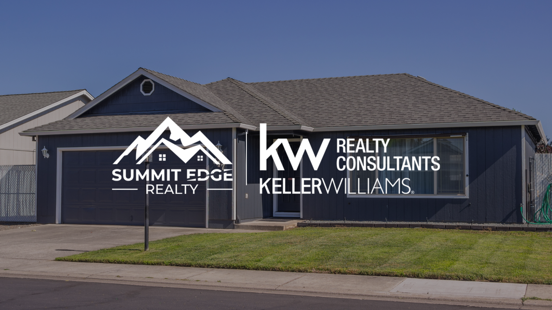 Summit Edge Realty and Keller Williams Realty Consultants logo displayed over an image of a contemporary single-family home in Indiana with a blue exterior under a clear sky.