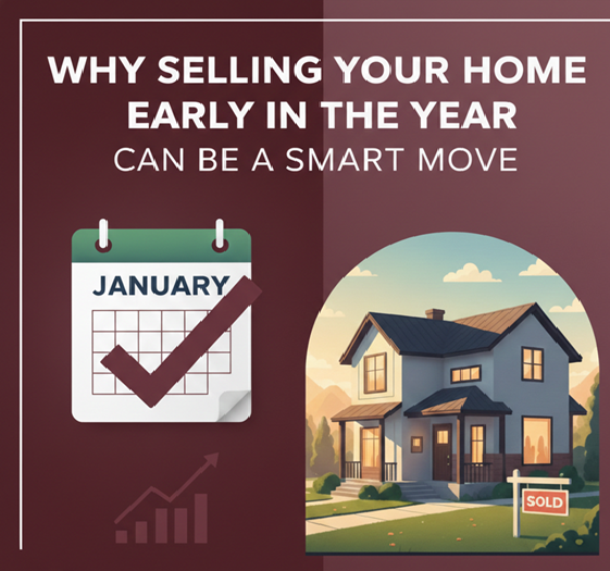 Infographic showing five key benefits of selling a home early in the year: Less competition, Serious and motivated buyers, 'New year, new start' mindset, Quicker transactions, Flexibility for future plans.