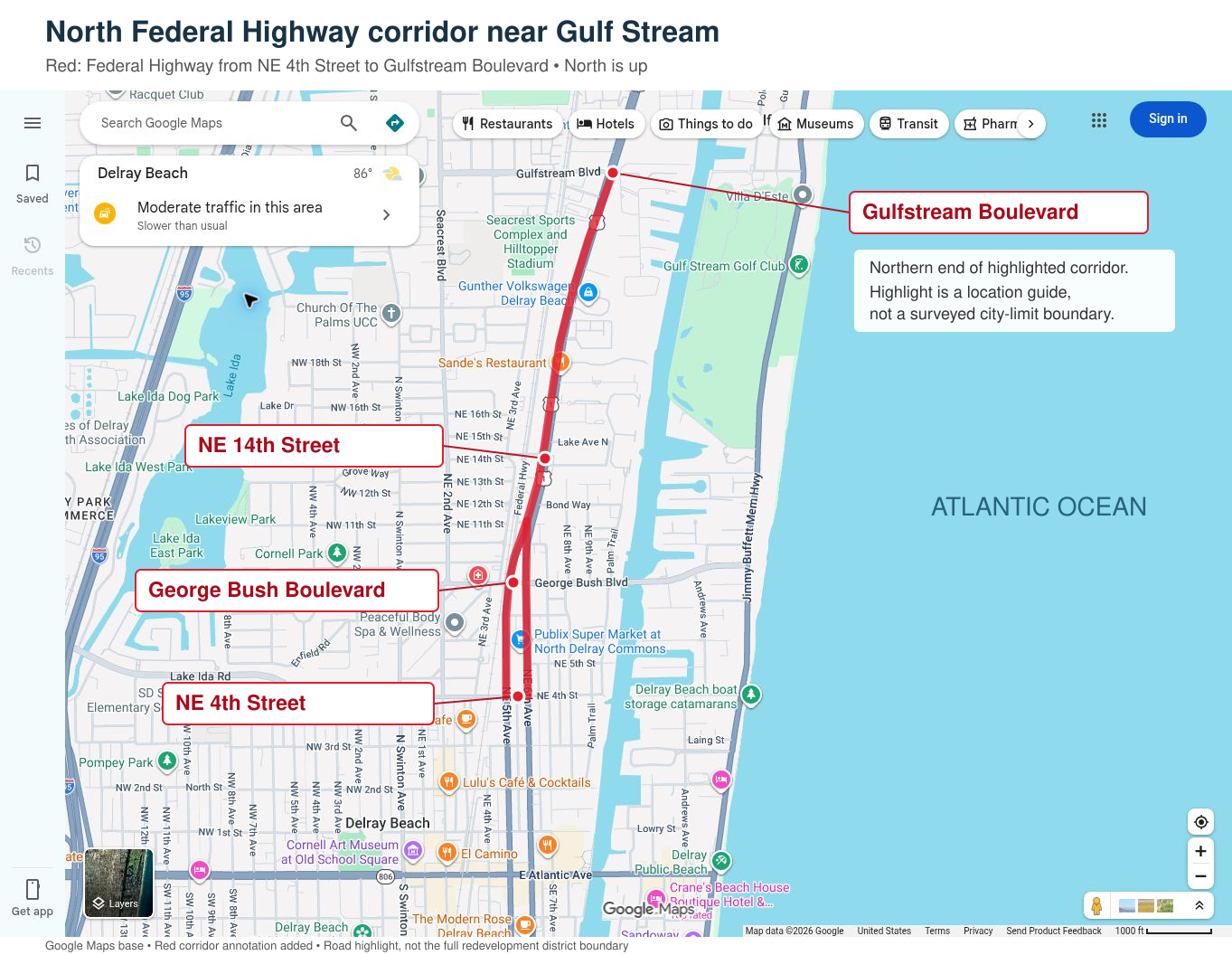 Google map highlighting North Federal Highway in red from NE 4th Street to Gulfstream Boulevard in Delray Beach, near Gulf Stream