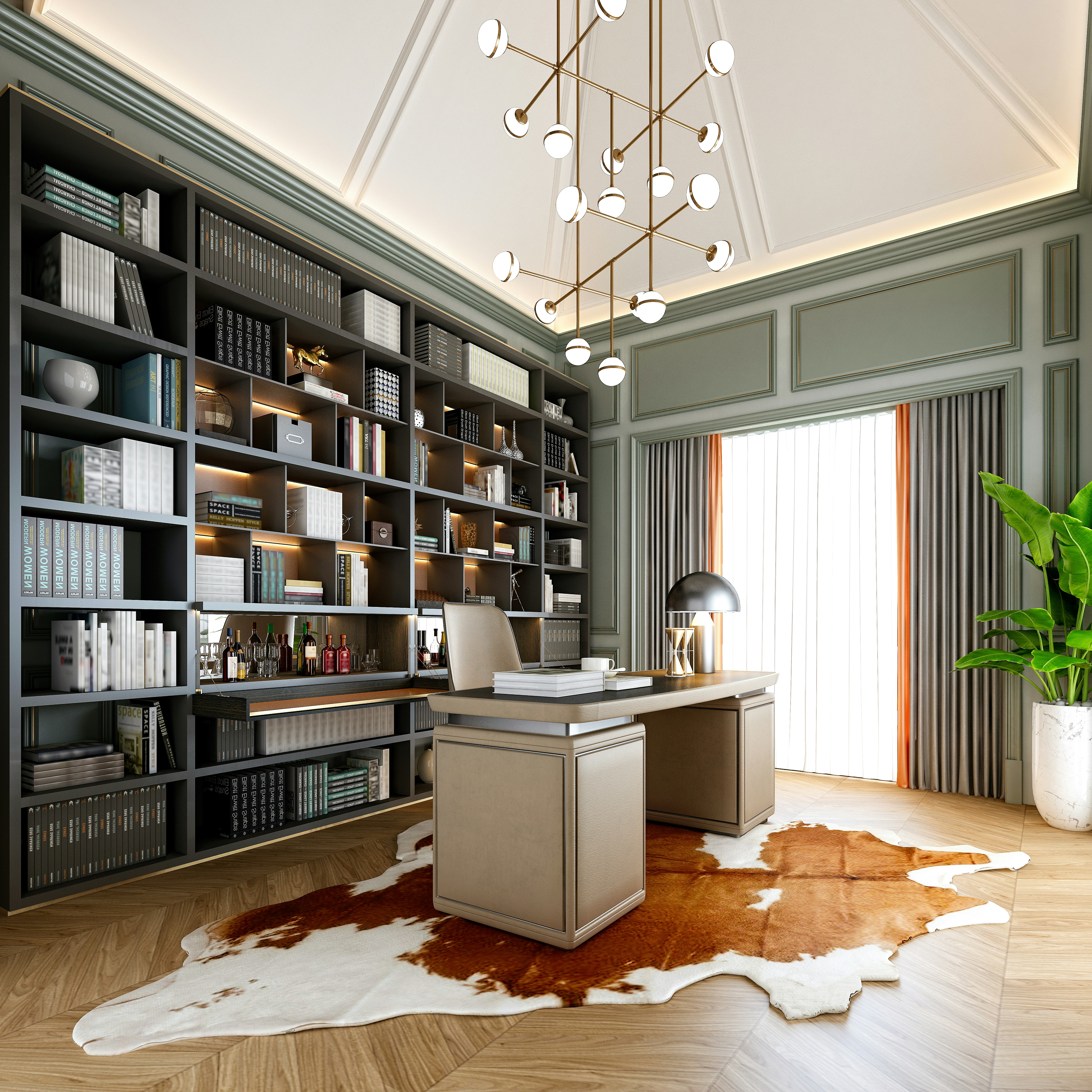Dark green home office with desk and cow skin rug