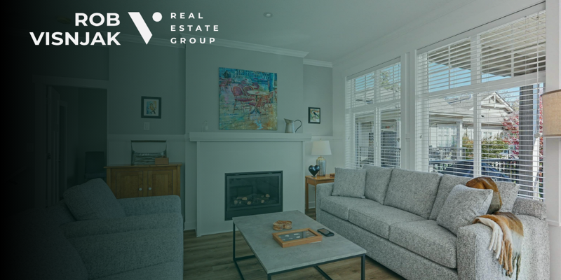 Bright living room with fireplace in a Langley townhouse