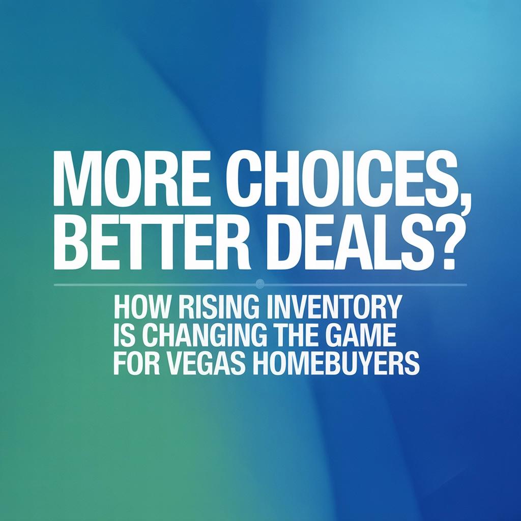 Graphic with blue and green gradient background featuring bold white text that reads: ‘More Choices, Better Deals? How rising inventory is changing the game for Vegas homebuyers.