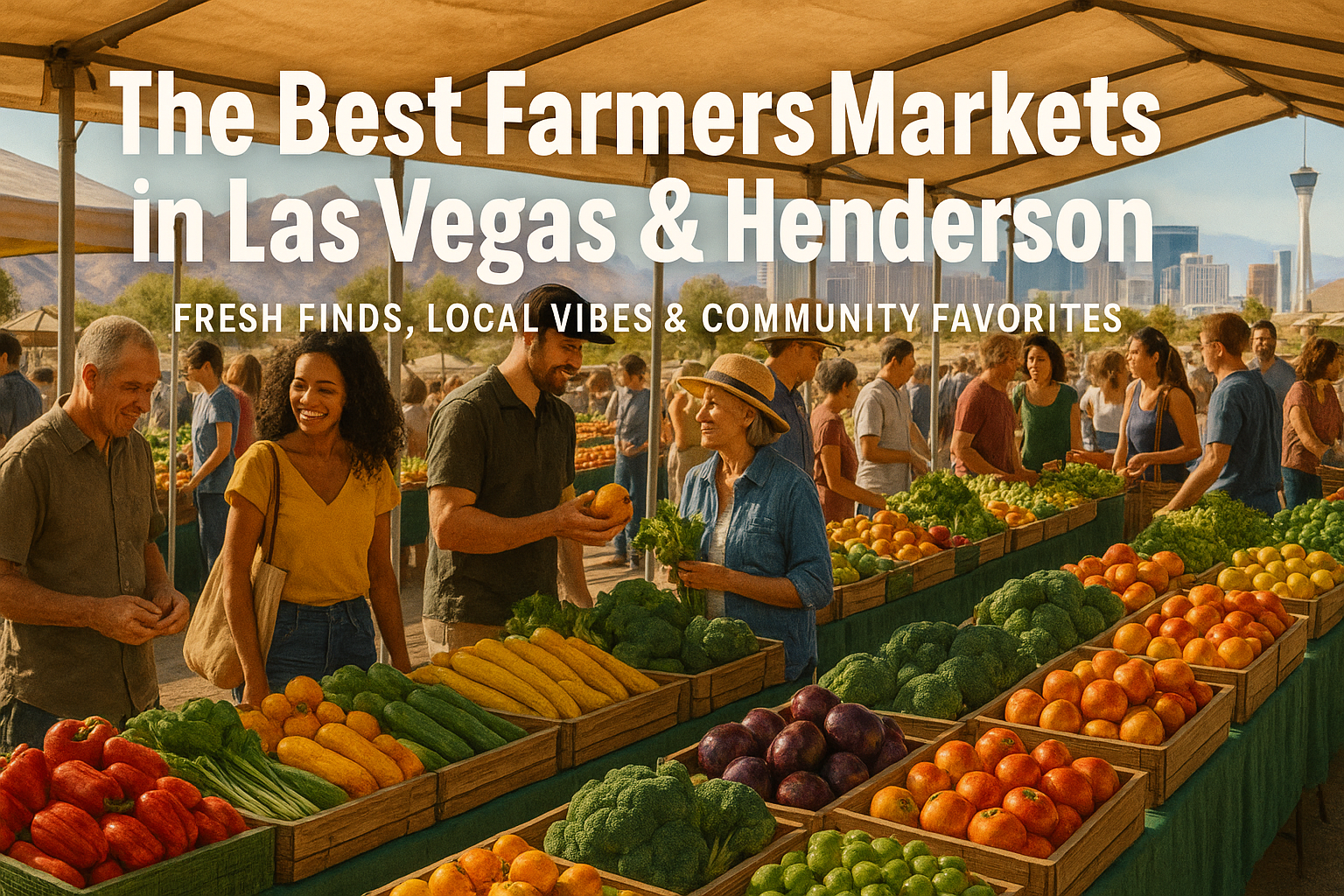 Vibrant farmers market scene with diverse shoppers browsing colorful displays of fresh produce including oranges, broccoli, corn, and various fruits and vegetables in wooden crates under market tents, with Las Vegas skyline visible in the background. Text overlay reads 'The Best Farmers Markets in Las Vegas & Henderson' with subtitle 'Fresh Finds, Local Vibes & Community Favorites'.