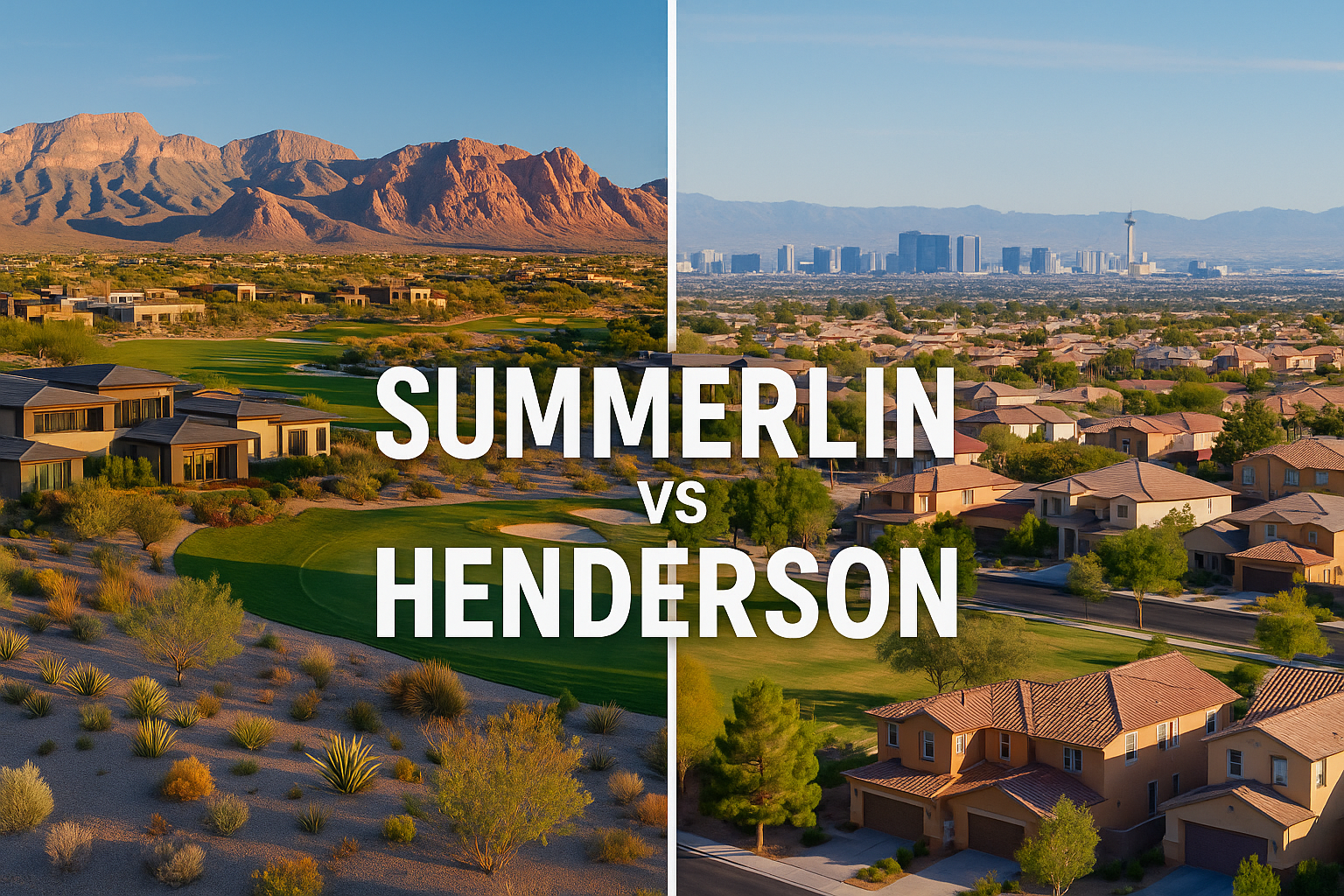 Summerlin vs Henderson Las Vegas neighborhoods comparison showing luxury homes, golf courses, and city skylines for 2025 home buyers guide