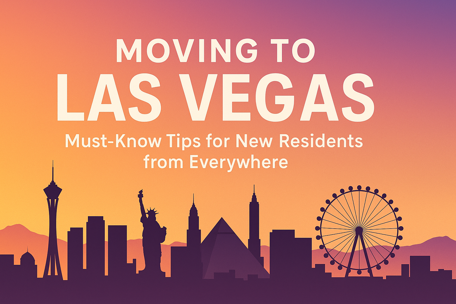 Moving to Las Vegas: Must-Know Tips for New Residents from Everywhere - Blog cover image featuring Las Vegas skyline silhouette with Stratosphere tower and High Roller observation wheel against a vibrant sunset gradient background transitioning from orange to purple