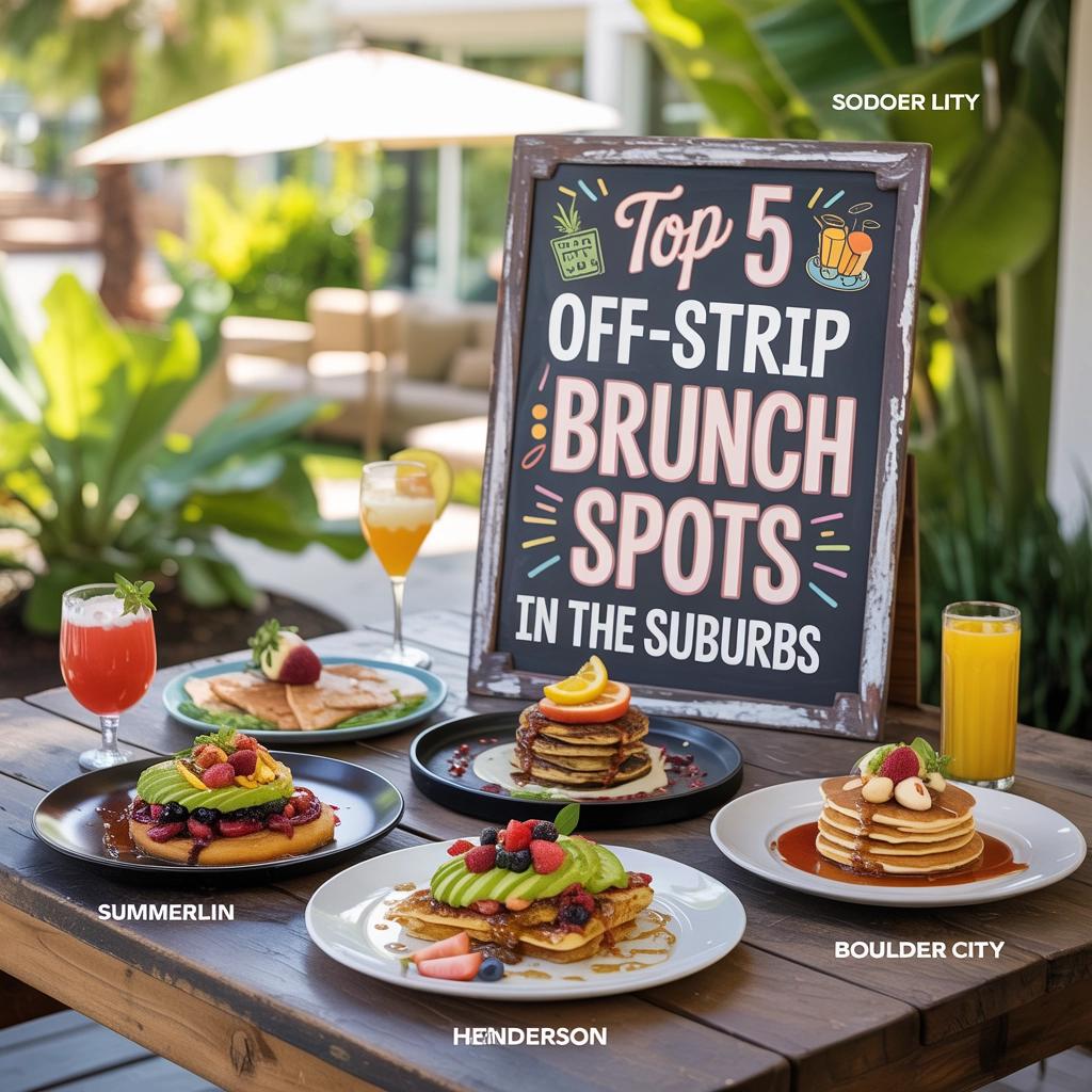 Inviting exterior of a trendy suburban brunch café with outdoor seating, friendly crowds, and a stylish sign in a Vegas-area neighborhood.