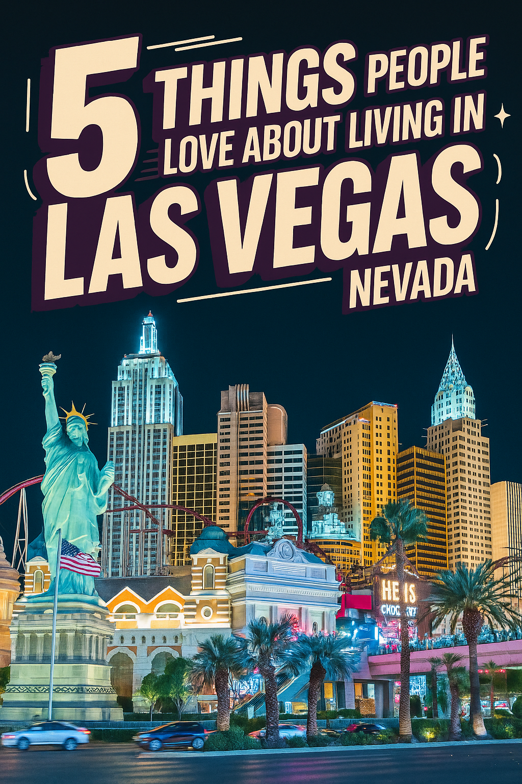 Colorful Las Vegas skyline at night featuring New York-New York Hotel, palm trees, and the Statue of Liberty replica, with bold text overlay reading '5 Things People Love About Living in Las Vegas, Nevada