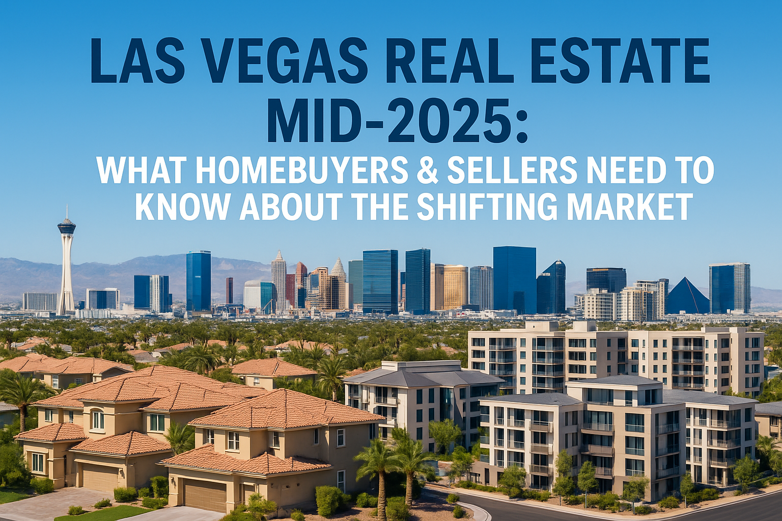 Las Vegas real estate blog cover showing the Strip skyline under bright blue desert sky with luxury residential developments and modern homes in the foreground. Clear daylight photography highlights the vibrant cityscape with the article title 'Las Vegas Real Estate Mid-2025: What Homebuyers & Sellers Need to Know About the Shifting Market' in professional dark blue and white text.
