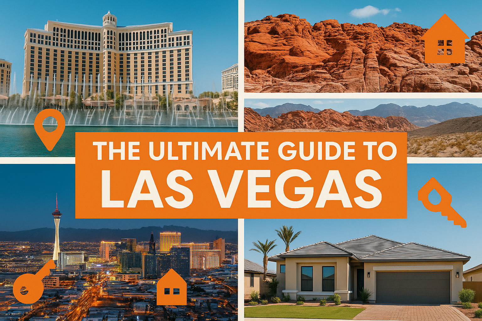 Collage-style blog cover image featuring Las Vegas landmarks including the Bellagio hotel with its famous fountains, Red Rock Canyon's distinctive red rock formations, downtown Las Vegas skyline at dusk, and a modern luxury home with desert landscaping. The image includes orange graphic elements like location pins, house icons, and a search icon overlaid on the scenes. A prominent orange banner across the center displays 'THE ULTIMATE GUIDE TO LAS VEGAS' in bold white text. The composition showcases both the entertainment and natural beauty of Las Vegas along with residential living options for potential movers.