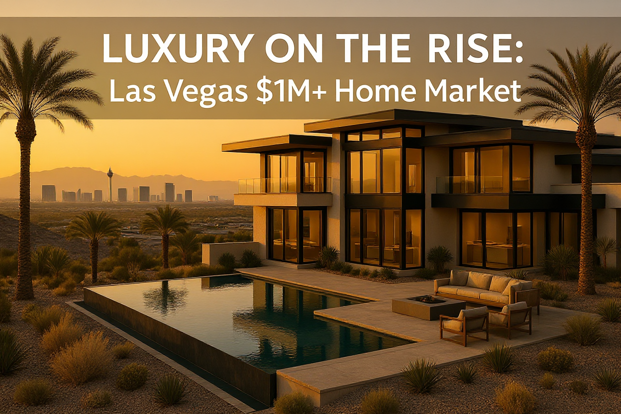 Luxury modern mansion in Las Vegas with infinity pool and outdoor seating area at golden hour, featuring contemporary architecture with floor-to-ceiling windows, desert landscaping with palm trees, and the Las Vegas Strip skyline visible in the background. Text overlay reads 'Luxury on the Rise: Las Vegas $1M+ Home Market'.