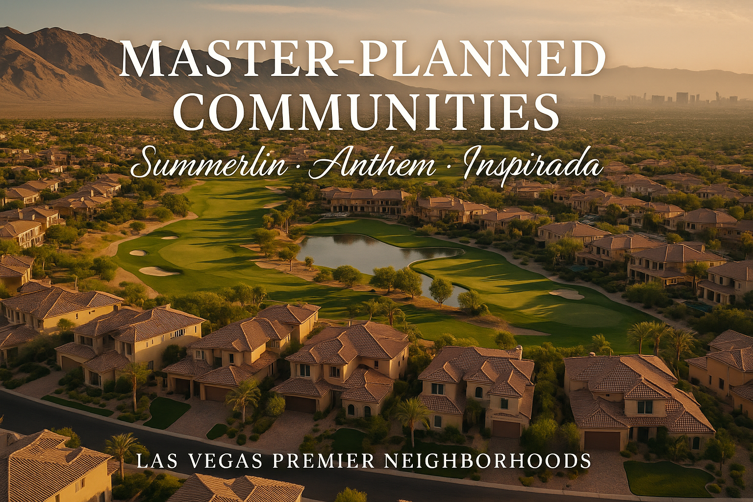 Aerial view of luxury master-planned community with golf course and upscale homes in Las Vegas, featuring 'Master-Planned Communities' title with 'Summerlin • Anthem • Inspirada' in elegant script and 'Las Vegas Premier Neighborhoods' tagline, with desert mountains and city skyline backdrop