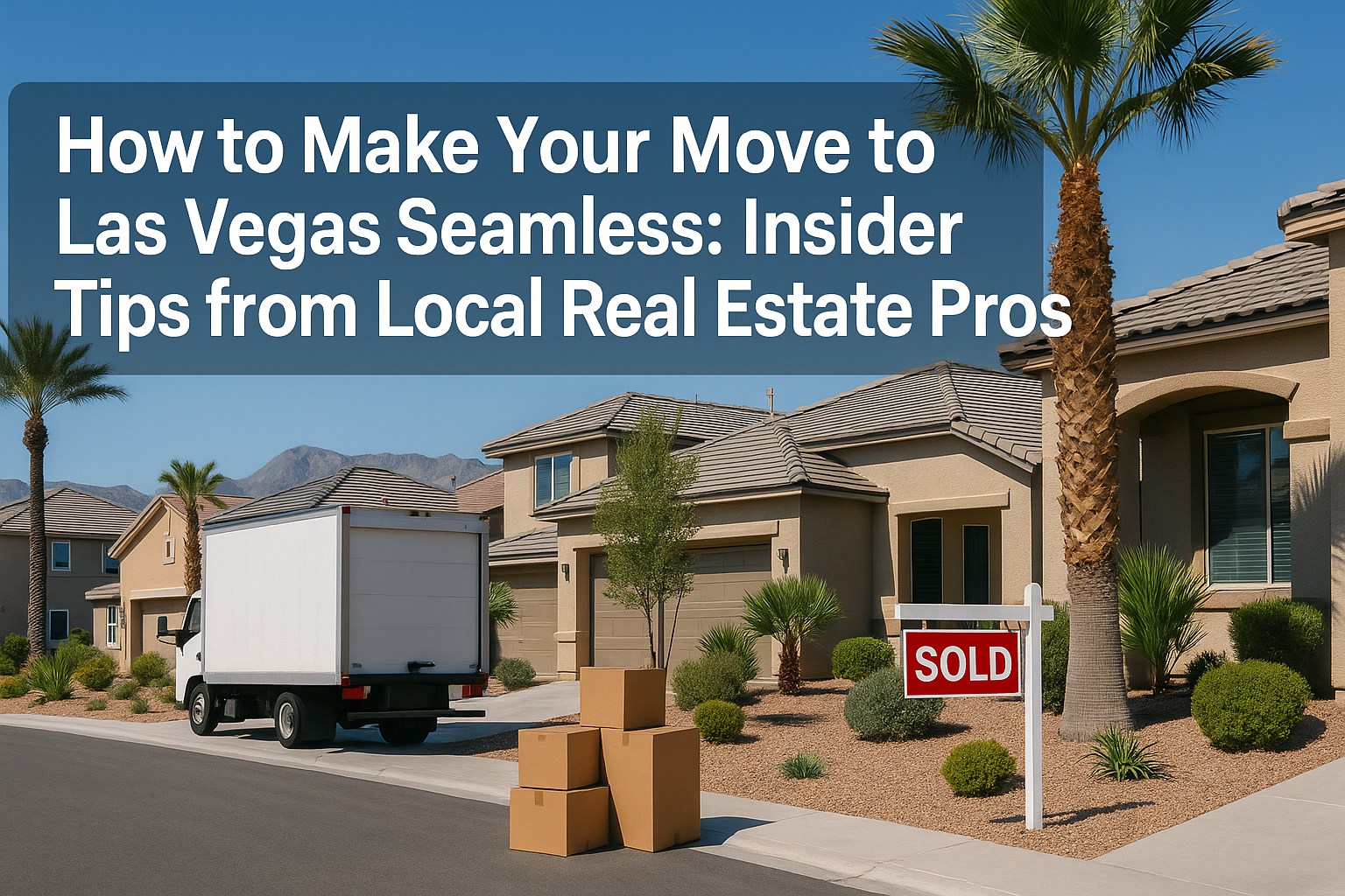 Modern Las Vegas suburban neighborhood with desert landscaping, palm trees, and mountain backdrop. A moving truck is parked in the driveway with cardboard boxes stacked nearby and a red 'SOLD' real estate sign in the front yard. Text overlay reads 'How to Make Your Move to Las Vegas Seamless: Insider Tips from Local Real Estate Pros' against a clear blue sky.
