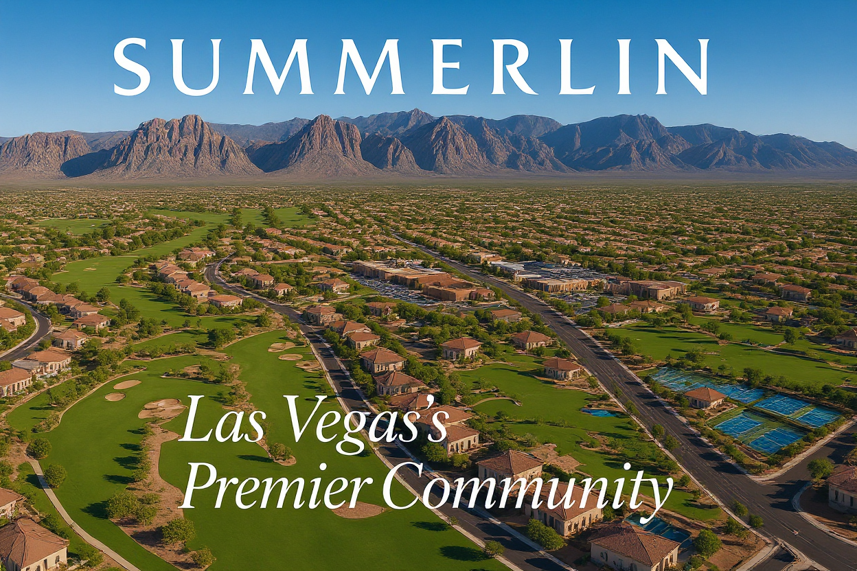 Aerial view of Summerlin master-planned community in Las Vegas with text overlay reading 'SUMMERLIN - Las Vegas's Premier Community', showing golf courses, residential neighborhoods, and Red Rock Canyon mountains in the background, illustrating why Summerlin is one of Las Vegas's best places to live