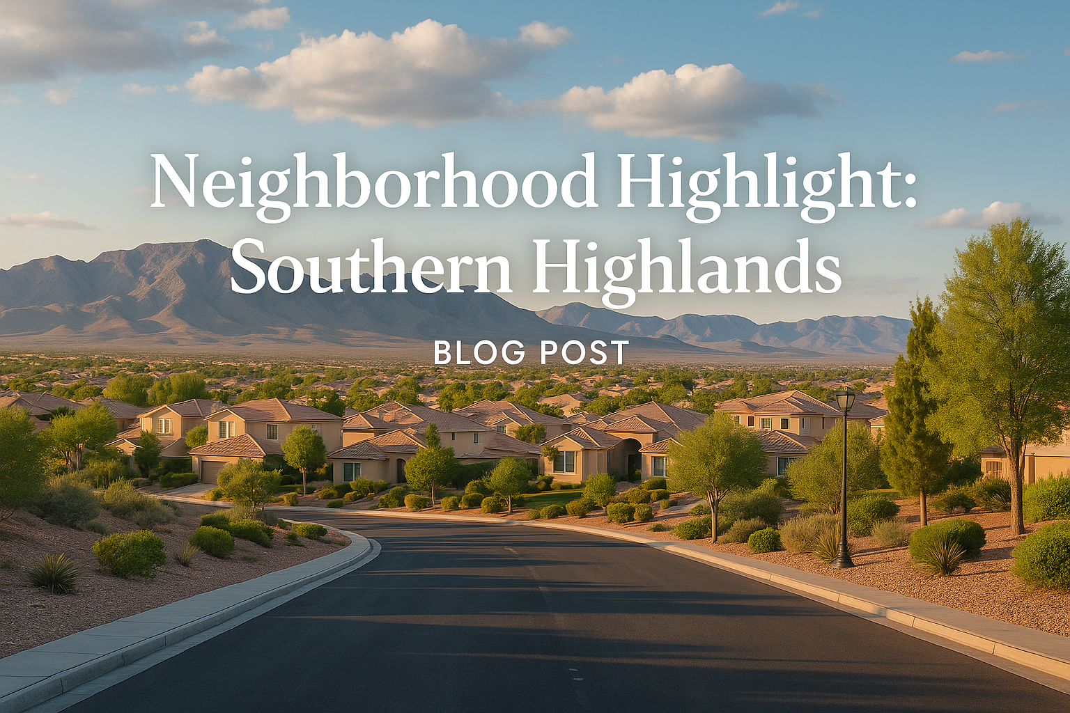 Photorealistic view of Southern Highlands in Las Vegas featuring upscale desert homes, tree-lined streets, and mountain backdrop under a clear blue sky, blog cover for Neighborhood Highlight: Southern Highlands