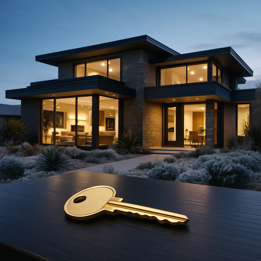 A photo-realistic image of a modern, luxury home in Henderson, Nevada, at dusk, with a golden house key prominently displayed on a table in the foreground, symbolizing a strategic and profitable early-year sale.