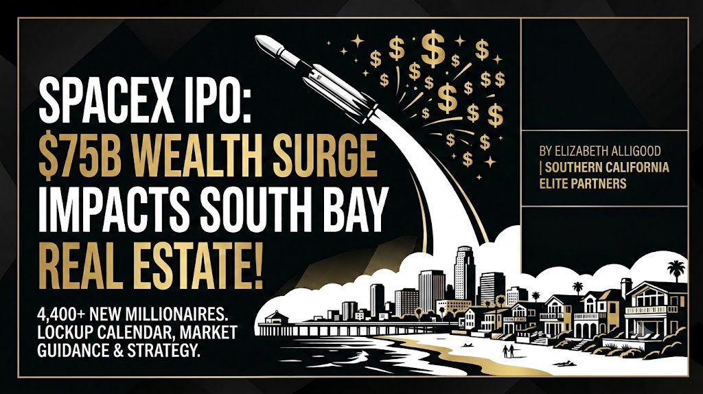 Black and gold SpaceX IPO blog thumbnail by Elizabeth Alligood detailing the 75 billion dollar wealth surge and its local real estate market impact on South Bay Los Angeles, including Manhattan Beach, Hermosa Beach, and Redondo Beach housing inventory.