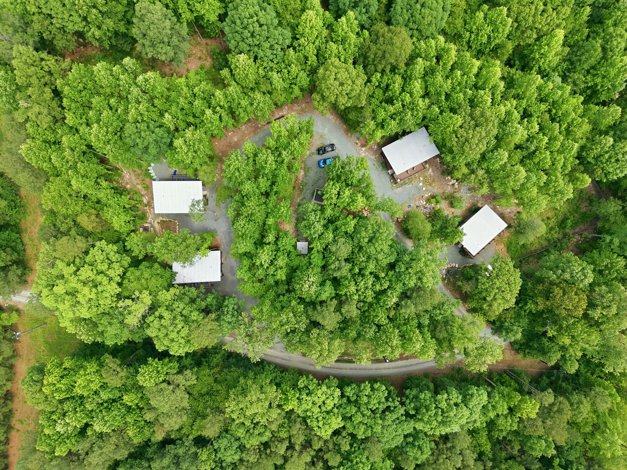 aerial view of four tiny homes in pittsboro, north carolina
