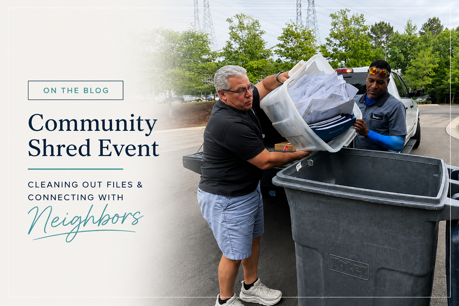 Community shred event in Durham with attendees securely disposing of paperwork into shred bins during a neighborhood cleanup and document shredding day.