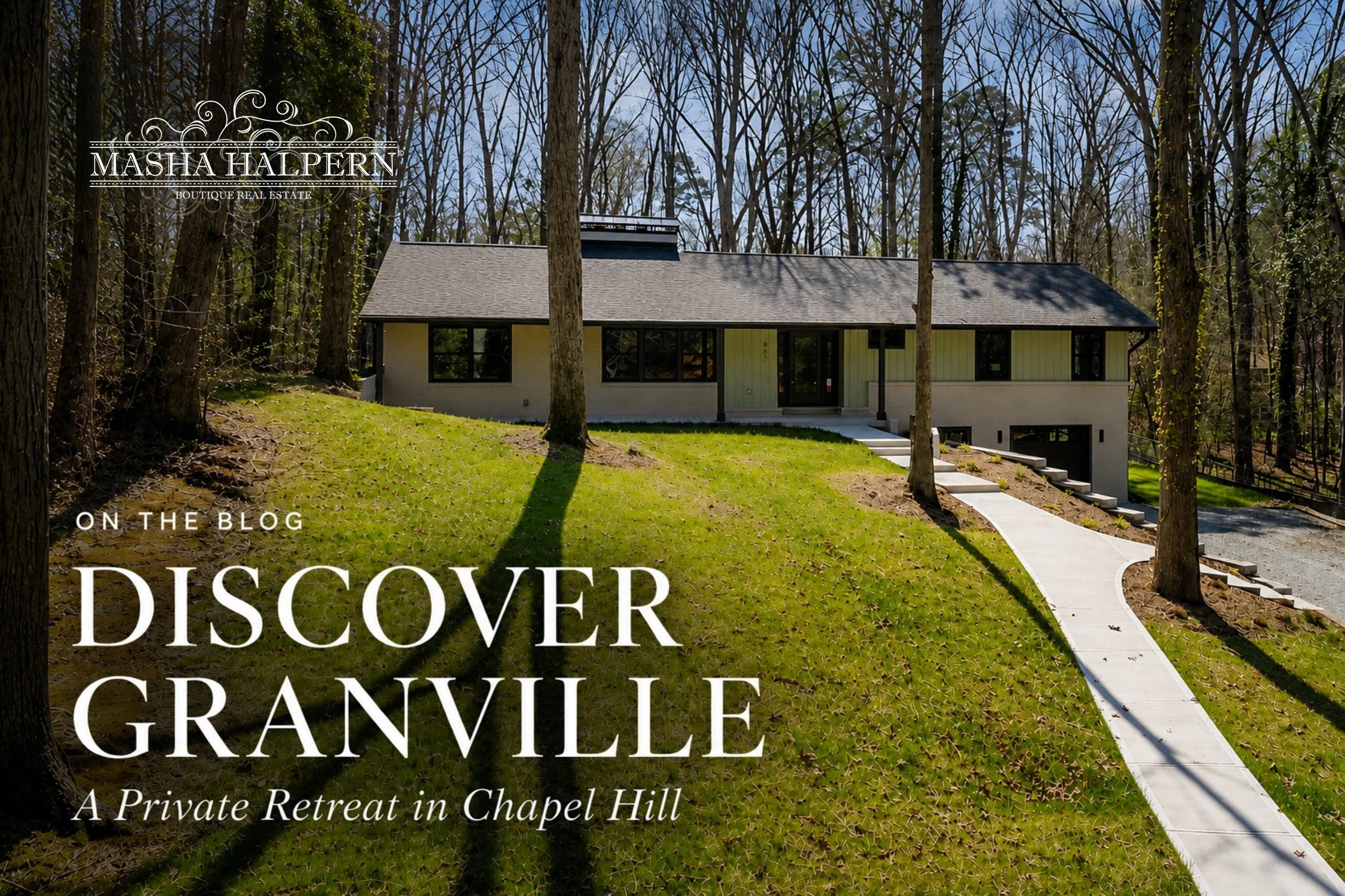 Exterior of a single-story home on Granville Road with a curved walkway and wooded surroundings.