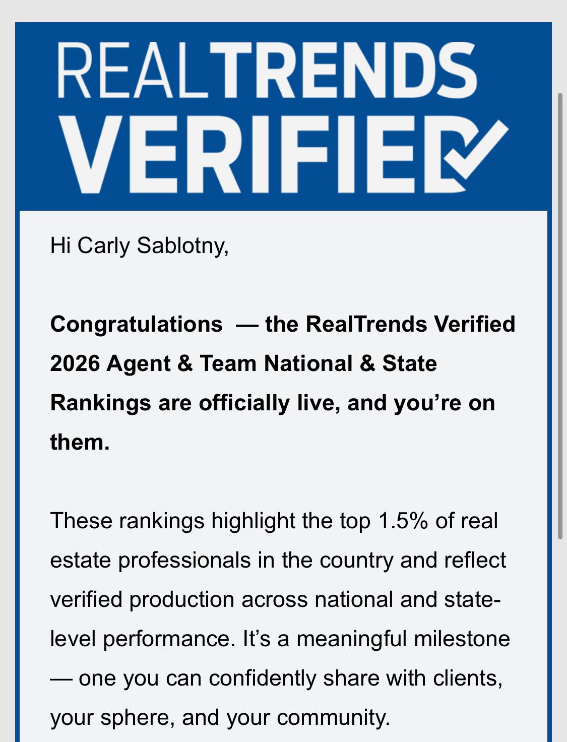 Milestone Property Group Named in Top 1.5% of Real Estate Professionals Nationwide header image.