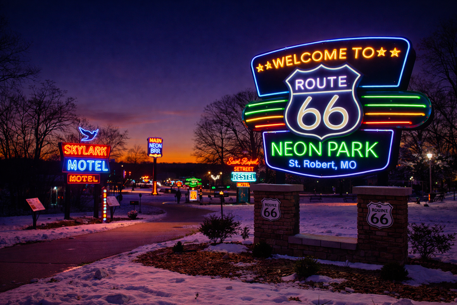St Robert's Route 66 Neon Park at Dusk