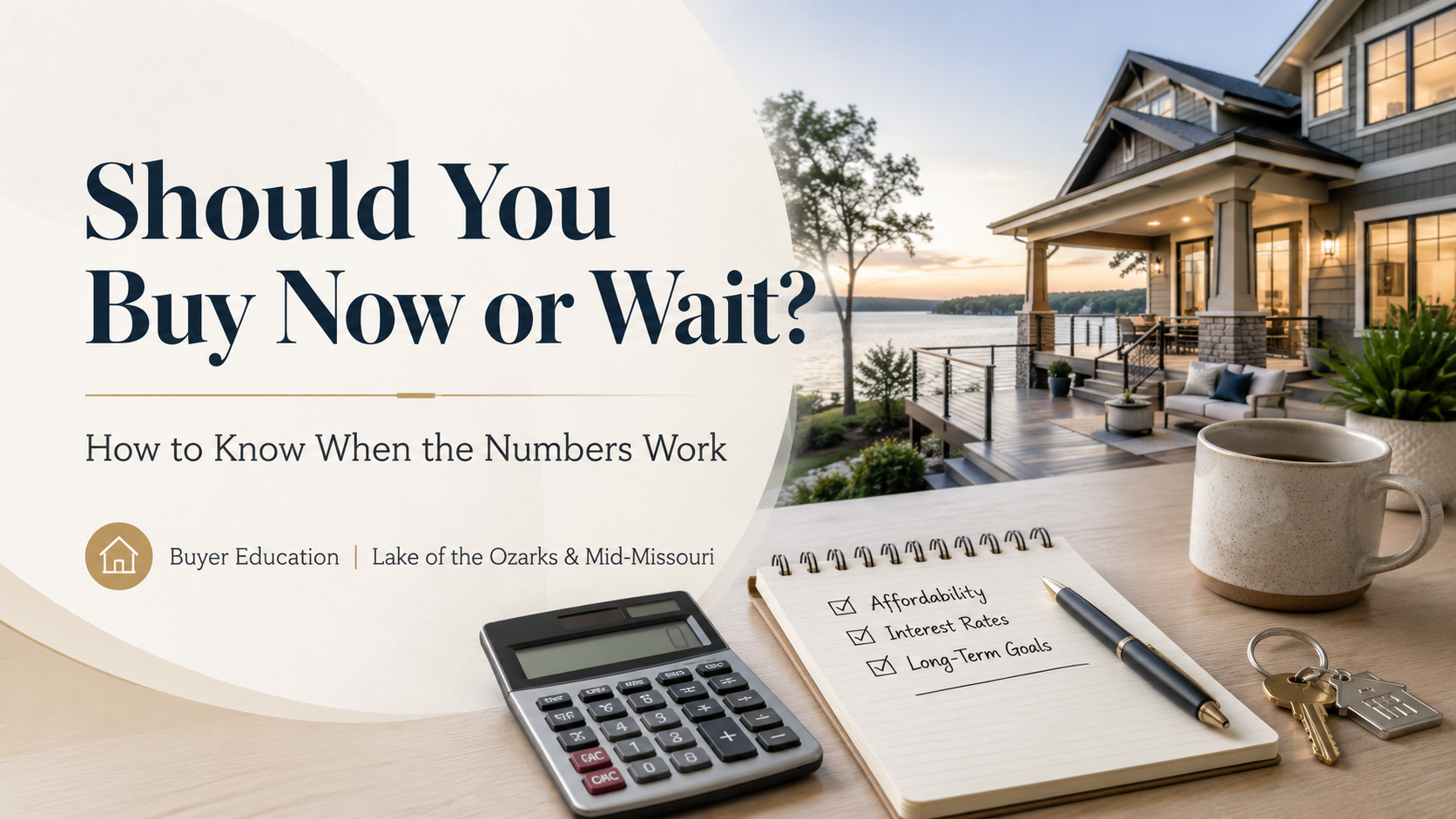 Blog header graphic for a real estate education post titled “Should You Buy Now or Wait? How to Know When the Numbers Work.” The design features a lakefront home at sunset on the right and a clean light background on the left with large headline text. In the foreground are a calculator, notebook with a checklist for affordability, interest rates, and long-term goals, a pen, coffee mug, and house keys, representing buyer decision-making. Subtext reads “Buyer Education | Lake of the Ozarks & Mid-Missouri.