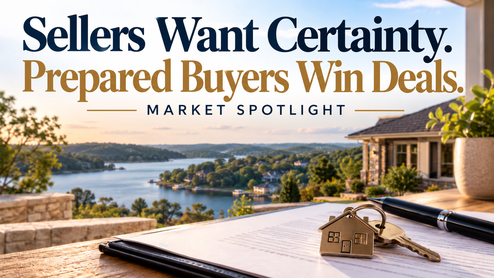 Market Spotlight graphic overlooking a lakeside neighborhood with a home purchase contract, pen, and house-shaped keychain in the foreground, featuring the headline “Sellers Want Certainty. Prepared Buyers Win Deals.”