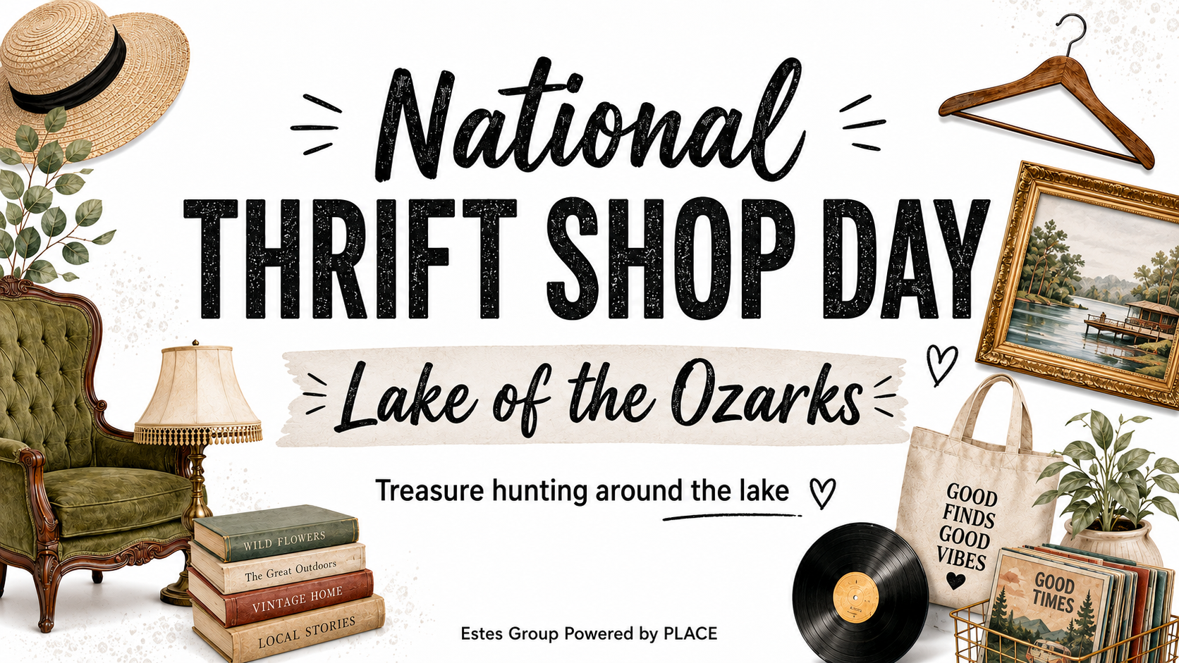 National Thrift Shop Day blog header for Lake of the Ozarks featuring bold black typography surrounded by vintage thrift finds including an olive green chair, lamp, stacked books, straw hat, wooden hanger, framed lake artwork, tote bag, vinyl record, and greenery.