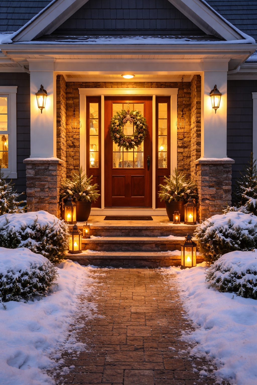 Winter evening at a welcoming home entrance