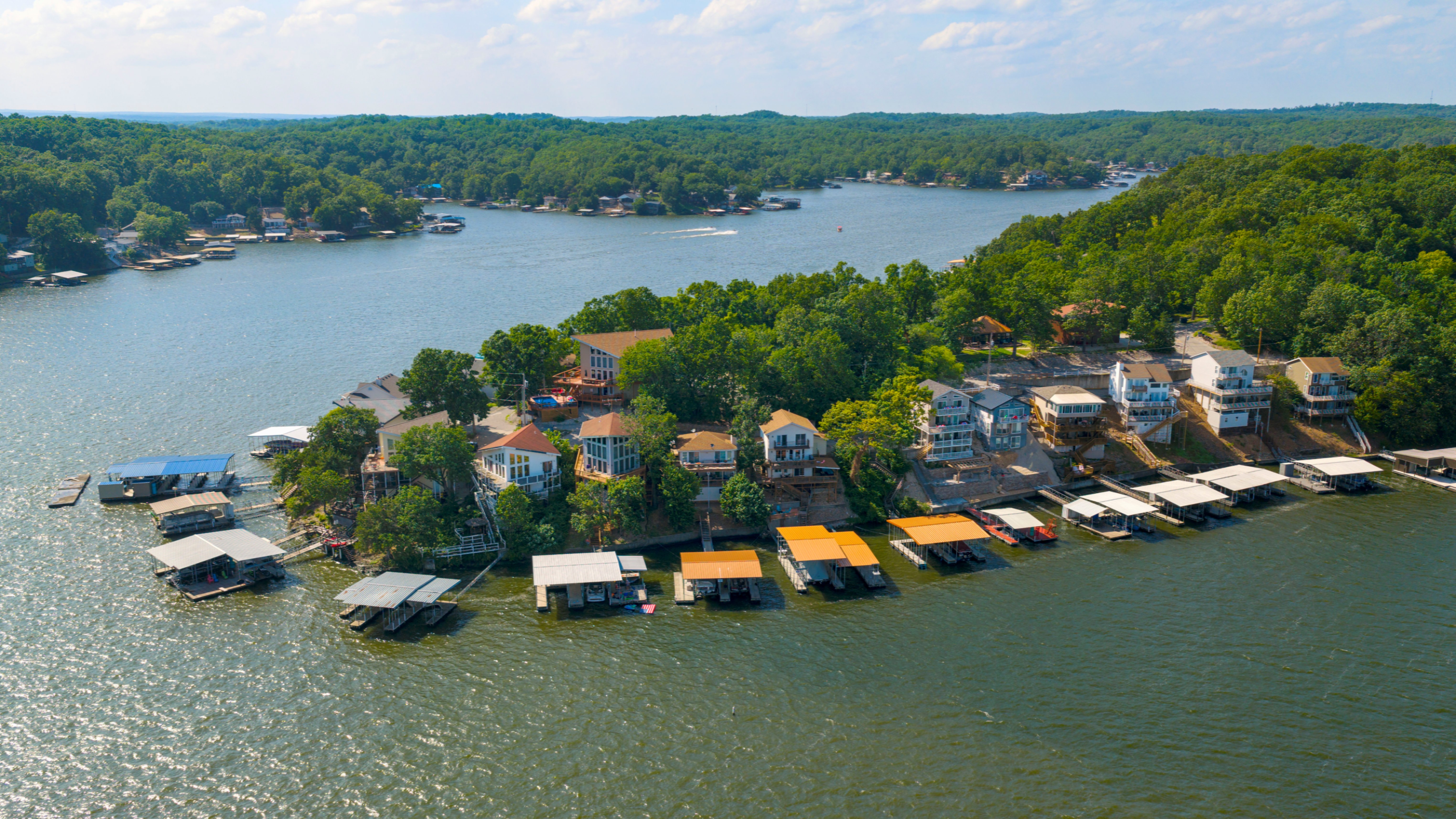 Aerial view of Rocky Mount MO lakefront homes and docks
