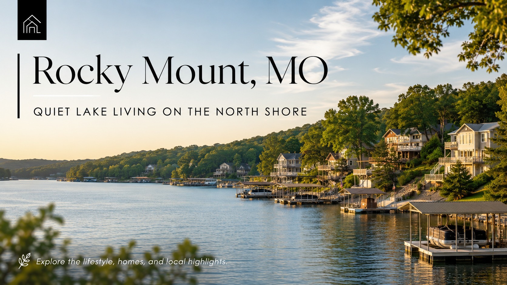 Blog header graphic featuring a calm Lake of the Ozarks shoreline in Rocky Mount, Missouri, with lake homes, docks, wooded hills, and the title “Rocky Mount, MO: Quiet Lake Living on the North Shore