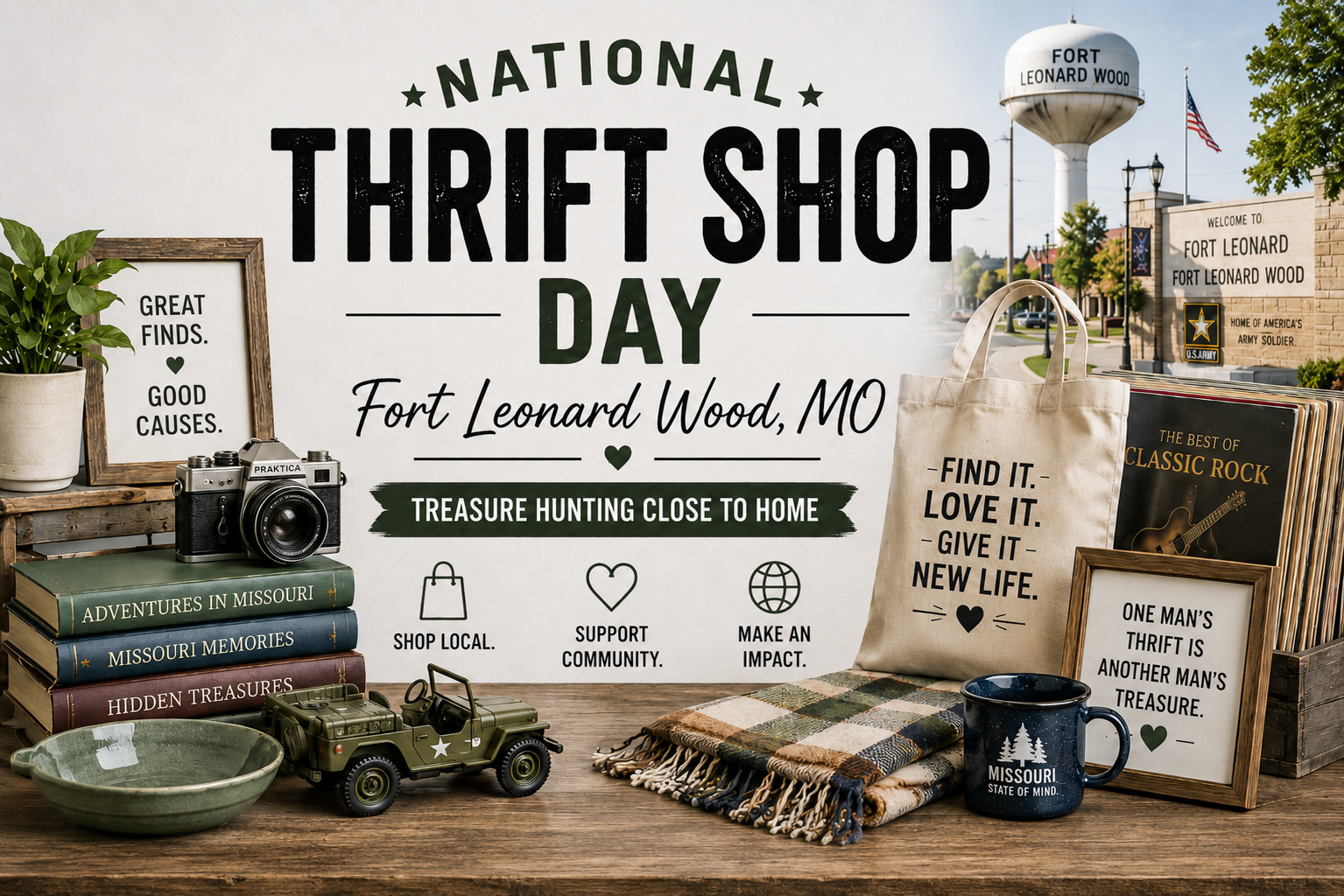 National Thrift Shop Day blog header for Fort Leonard Wood, Missouri, featuring vintage books, a camera, military-style toy Jeep, records, thrifted home décor, a reusable tote, and a Fort Leonard Wood backdrop. Text emphasizes treasure hunting close to home, shopping local, supporting the community, and giving secondhand finds new life.