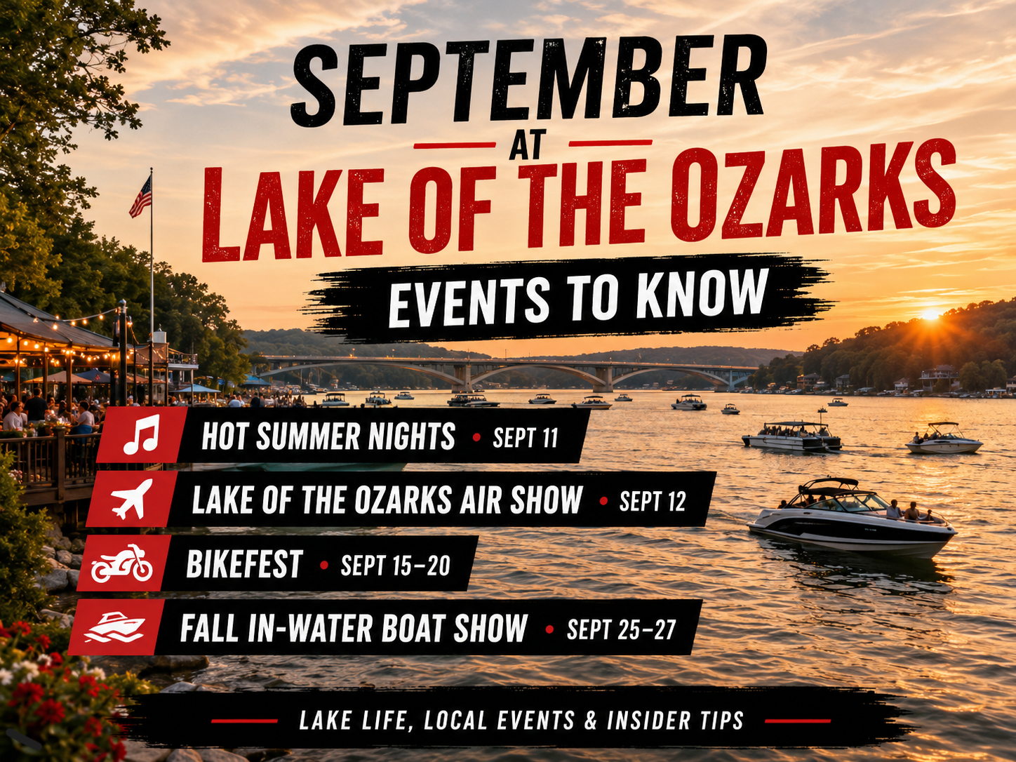 Vertical promotional graphic for Lake of the Ozarks featuring a warm sunset lake scene with boats on the water, a bridge in the background, and a busy waterfront patio on the left. Large headline text reads “September at Lake of the Ozarks: Events to Know.” Event listings include Hot Summer Nights on Sept. 11, Lake of the Ozarks Air Show on Sept. 12, Bikefest on Sept. 15–20, and Fall In-Water Boat Show on Sept. 25–27. Footer text reads, “Lake life, local events & insider tips.”