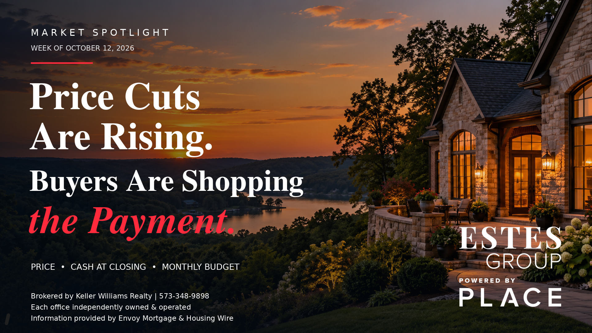 Sunset over a Missouri-style home with the headline “Price Cuts Are Rising. Buyers Are Shopping the Payment.” and Estes Group Powered by PLACE branding.