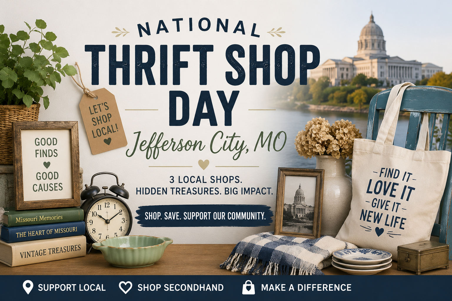 National Thrift Shop Day blog header for Jefferson City, Missouri, featuring vintage thrift finds, home décor, books, a reusable shopping tote, and a softly blurred view of the Missouri State Capitol. Text highlights three local shops, hidden treasures, community impact, and supporting local secondhand shopping.