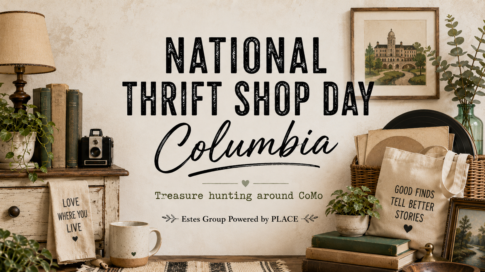 National Thrift Shop Day blog header for Columbia, Missouri, featuring vintage books, a camera, record albums, plants, home décor, a reusable tote, and warm secondhand-style furnishings, with “Treasure hunting around CoMo” messaging and Estes Group Powered by PLACE branding.