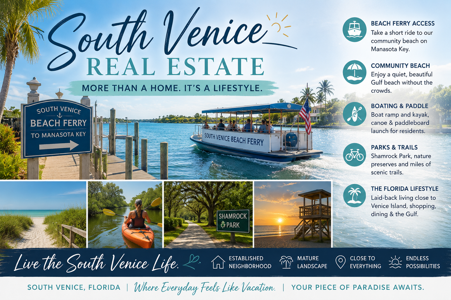 South Venice Real Estate: Private Beach Access, the Ferry & a Laid-Back Florida Lifestyle header image.