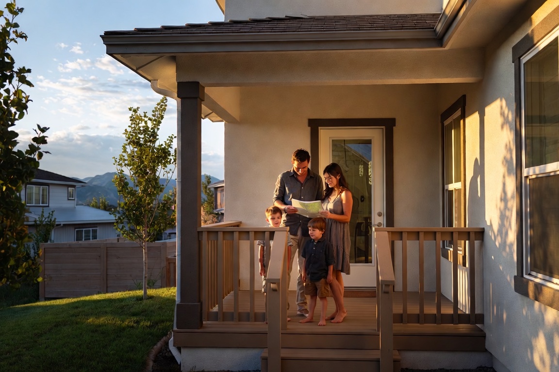 A family standing on the porch of their home in Salt Lake County, reviewing their options together.
