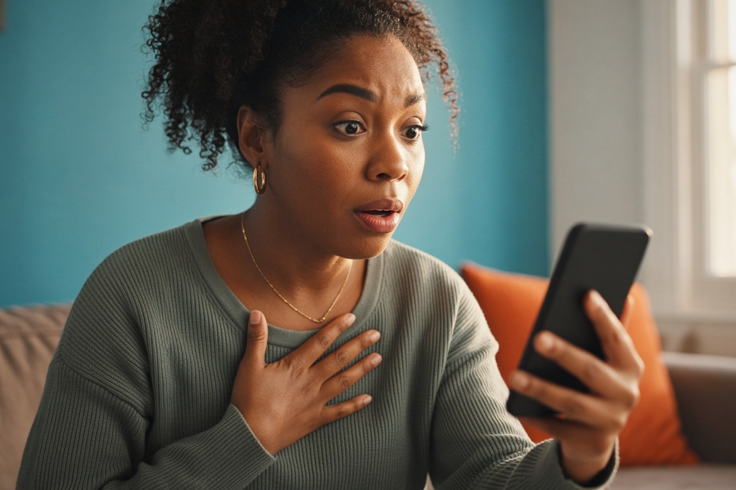 A woman on her couch looks at her phone with a surprised, hopeful expression as she checks her credit before buying a home in Salt Lake County.