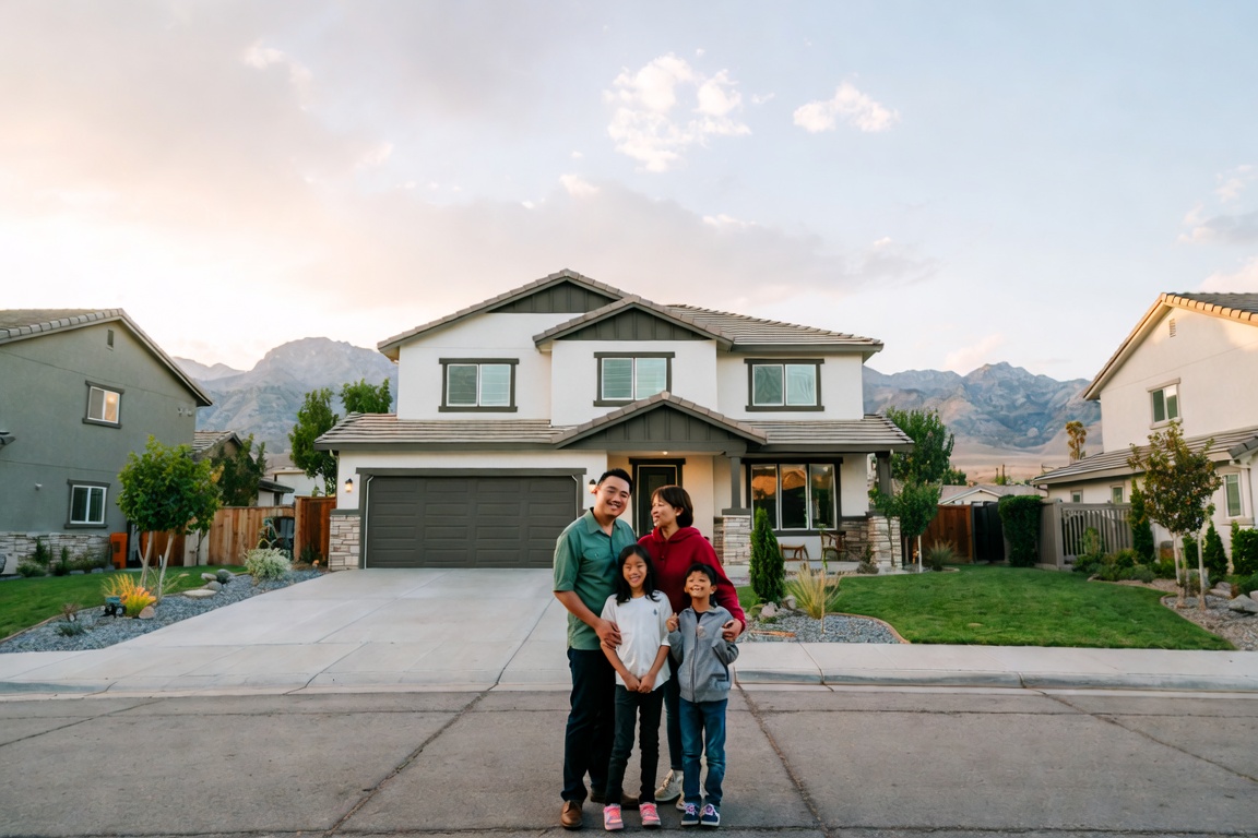 Diverse family standing in front of their new home in Utah with the Wasatch Mountains in the background