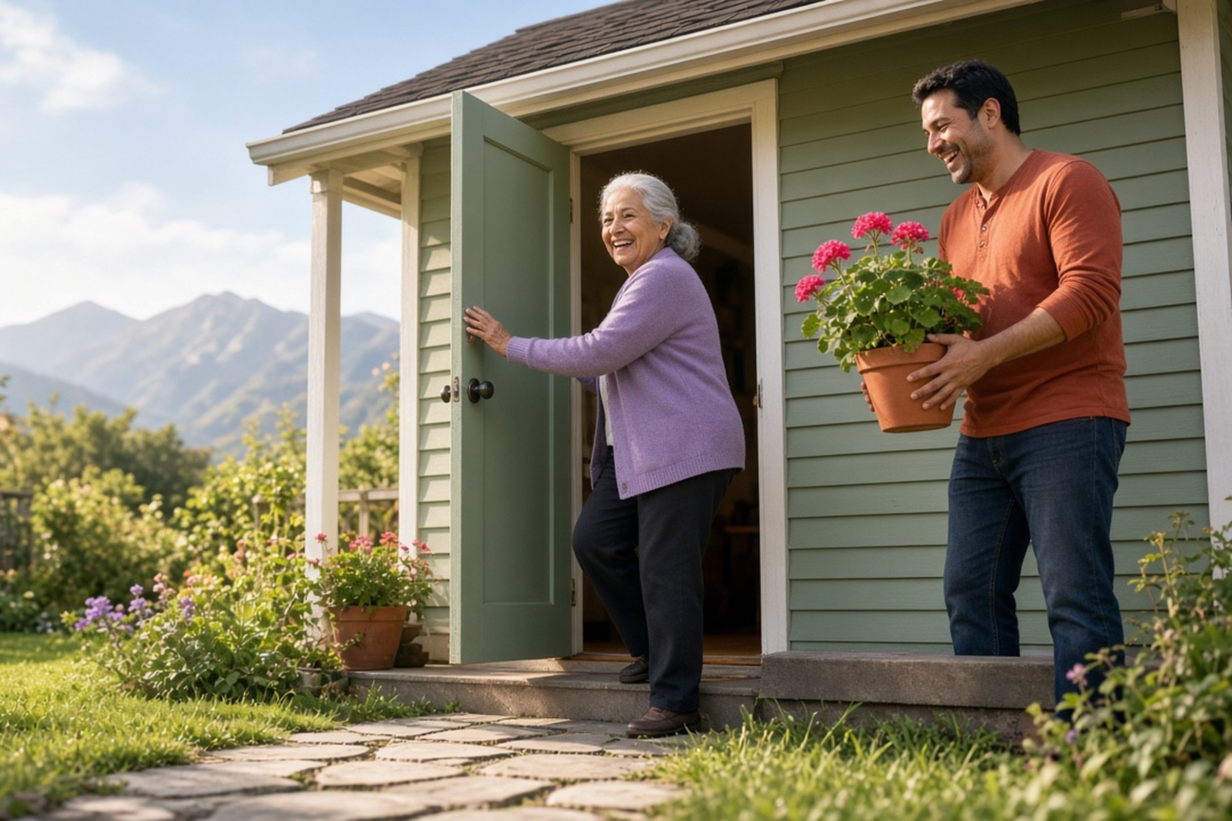 Una abuela latina abre la puerta de una casita verde en el patio mientras su hijo adulto sonríe a su lado con una maceta, con montañas al fondo en el condado de Salt Lake.