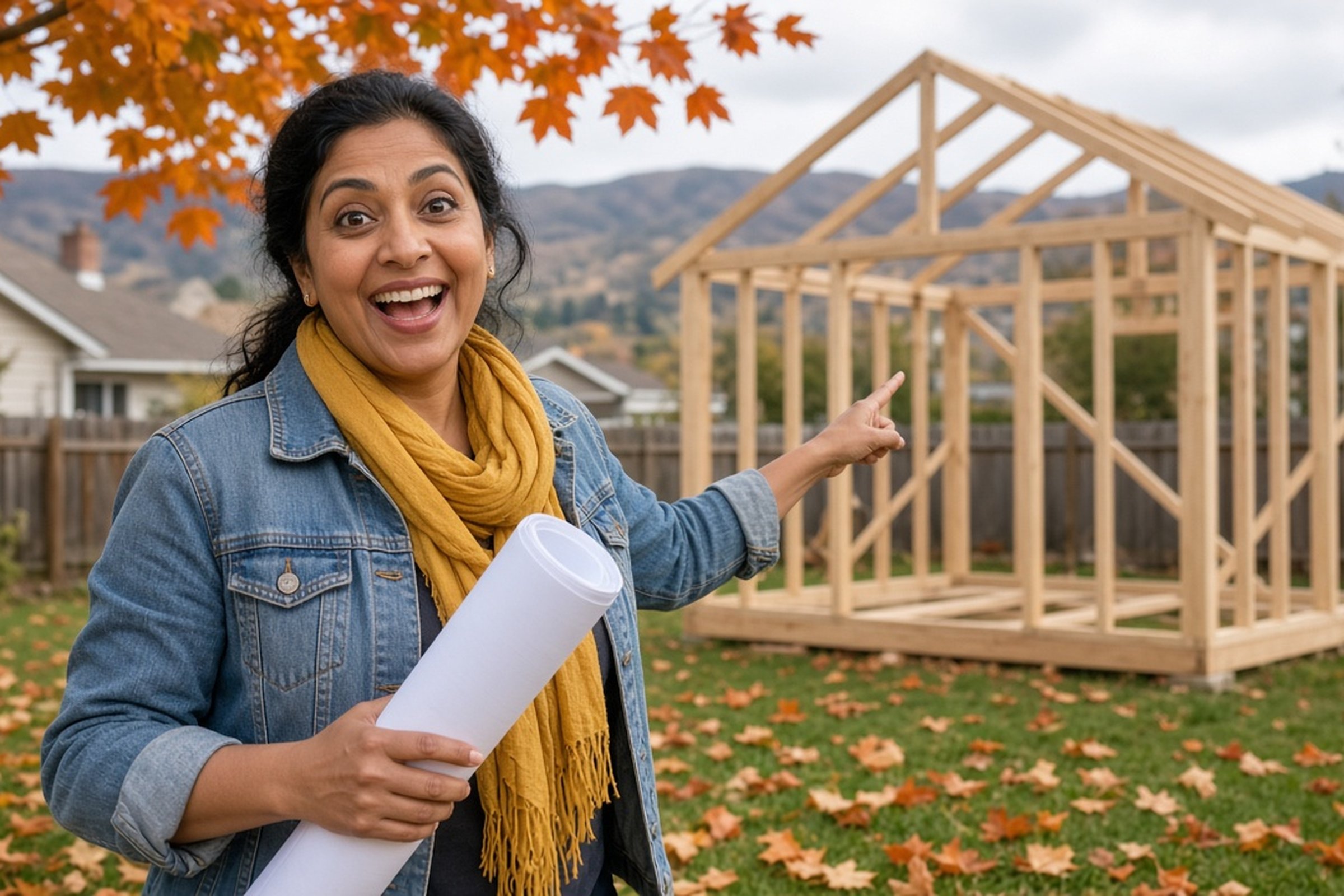 A South Asian woman in a denim jacket holds rolled building plans and points excitedly toward a half-framed wooden backyard cottage in her autumn yard in Salt Lake County.