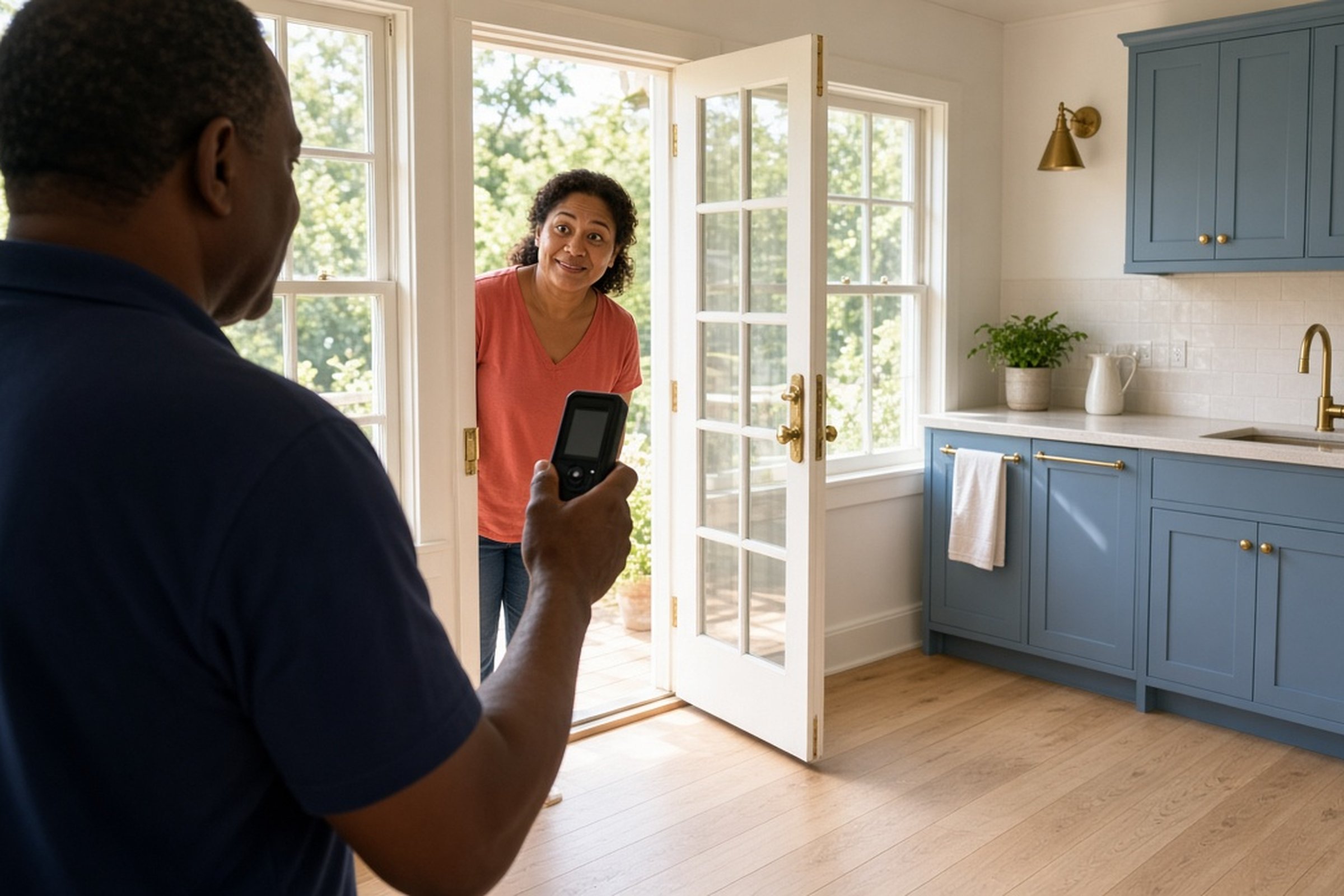 A Pacific Islander homeowner leans through the French door of her finished backyard ADU with a hopeful smile as an appraiser measures the room at her Salt Lake County home.